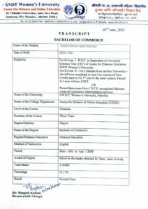 SNDT university Transcript