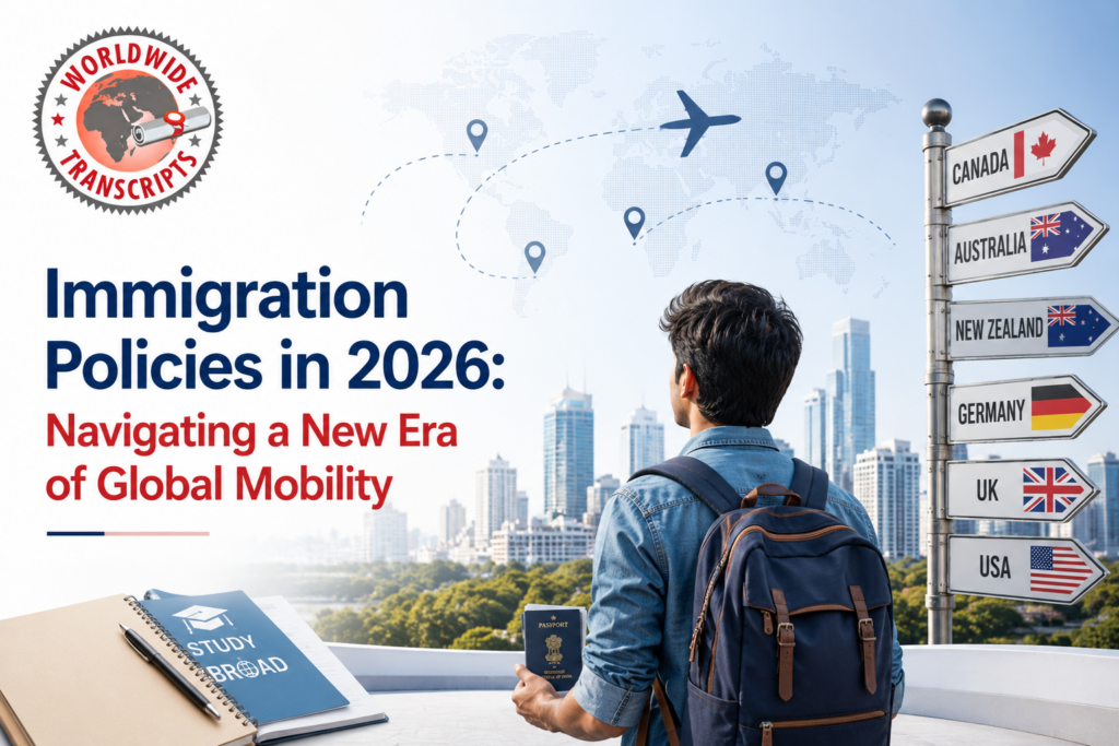 Indian student reviewing immigration policies in 2026 with academic transcripts and passport for global mobility and PR applications.