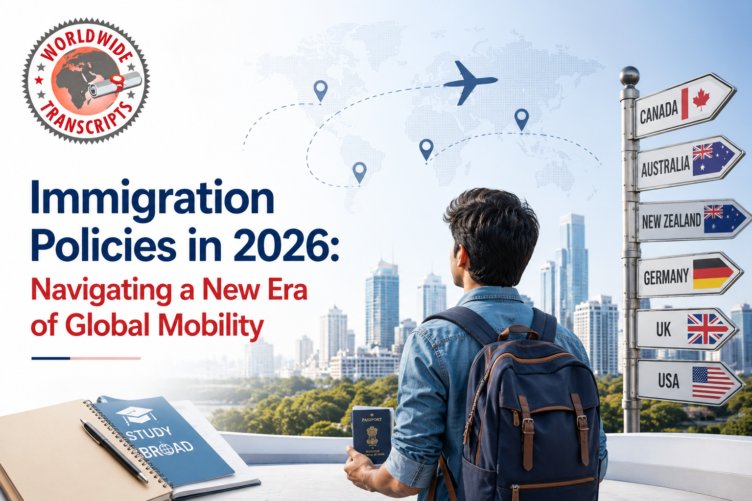 Indian student reviewing immigration policies in 2026 with academic transcripts and passport for global mobility and PR applications.