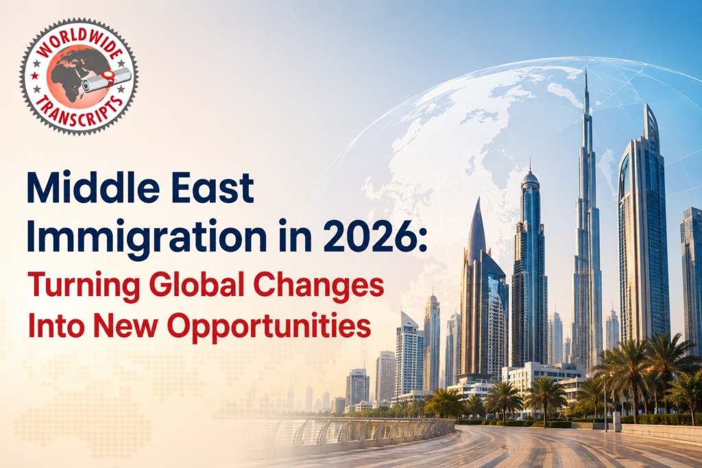 Middle East Immigration 2026 with passport, academic transcript, and visa documents for Indian professionals