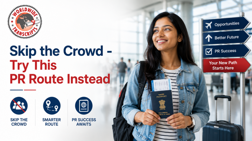 Indian professional exploring alternative PR pathways in 2026 with passport, academic transcripts, and global immigration destinations.