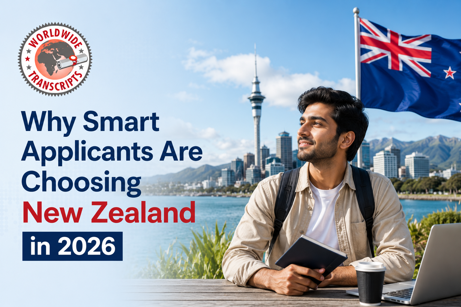 New Zealand Immigration 2026 with passport, academic transcript, visa documents, and skilled professional