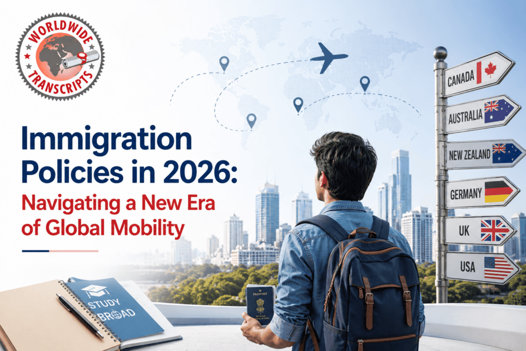 Indian student reviewing immigration policies in 2026 with academic transcripts and passport for global mobility and PR applications.