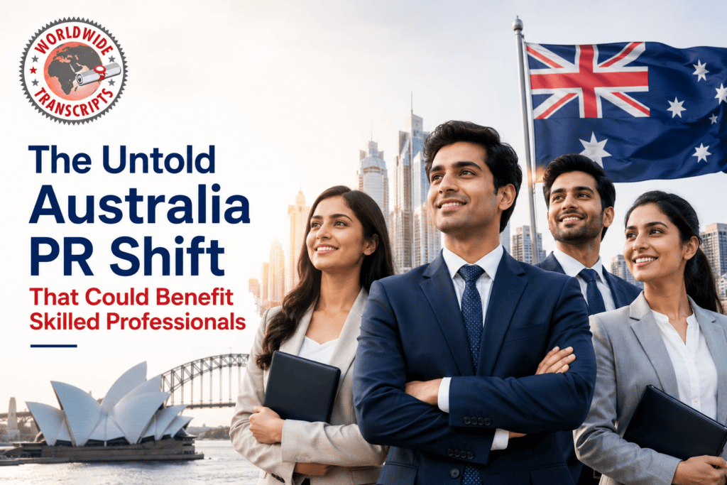 Australia PR application with academic transcript, passport, and immigration documents for skilled professionals
